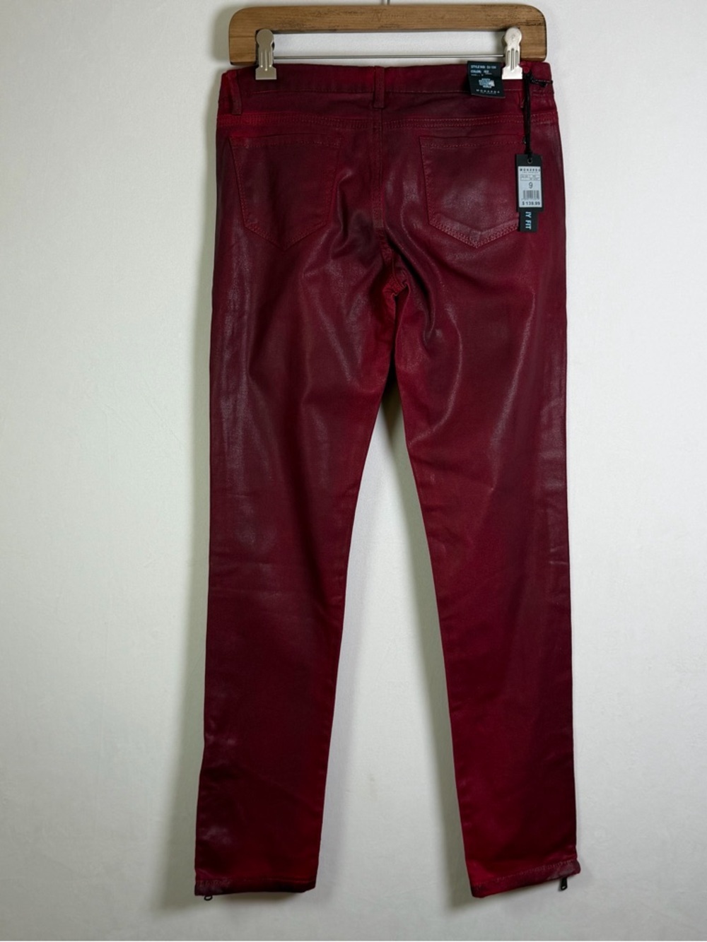 Monarda Women’s Red Wax Coated Skinny Jean Sz 9 Y2K Moto Biker Denim Ankle Zip - Picture 3 of 10